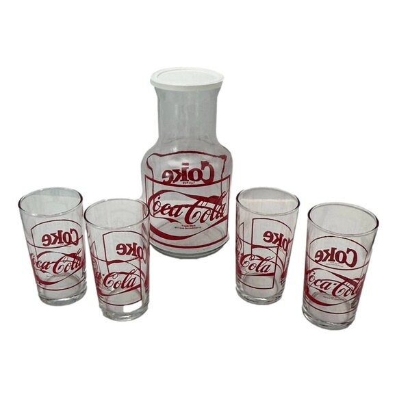 Libby St Clair Coca-Cola Glass Decanter and 4 Glasses 1987 Vintage New - Picture 3 of 16